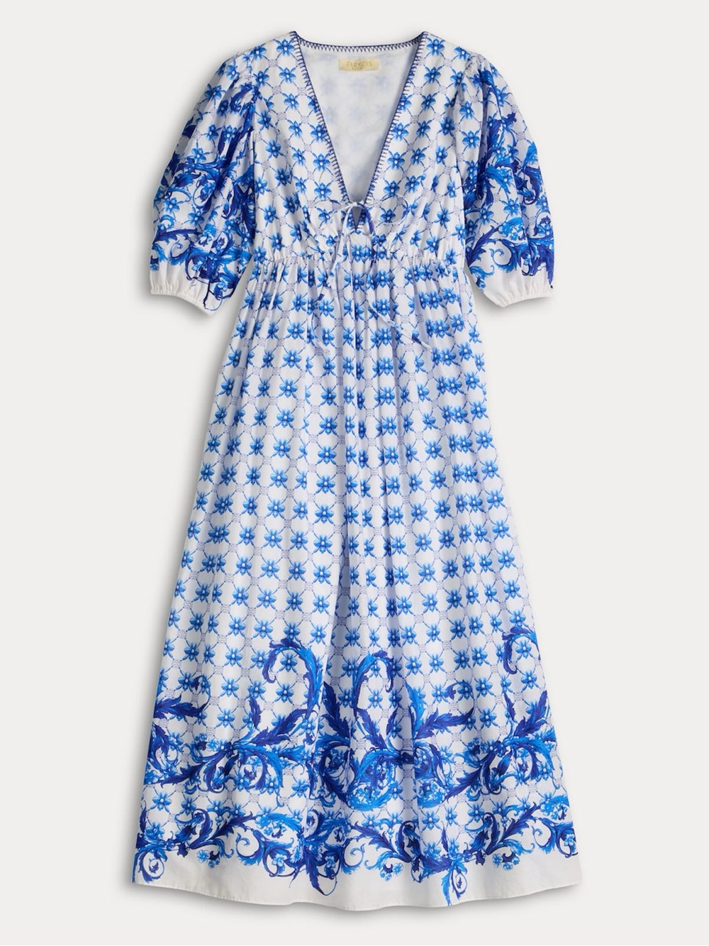 Blue & White Printed Tie-Front Maxi Dress